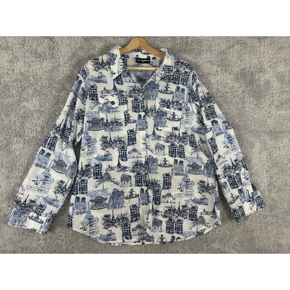 Karl Lagerfeld Women Roll Tab Long Sleeve Paris‎ Shirt Whimiscal White L - Picture 2 of 9
